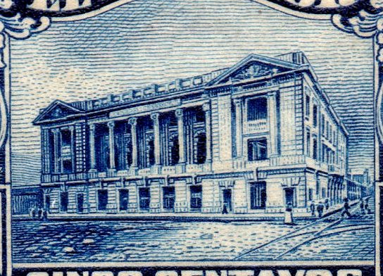 Stamps sellos El Salvador 1916 Photograph of the National Theatre used by the the ABN Co. as the source of its stamp design